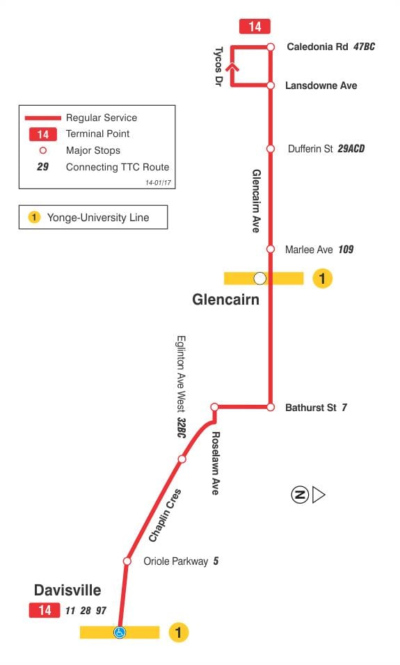 नक्शे के टीटीसी 14 Glencairn बस मार्ग टोरंटो