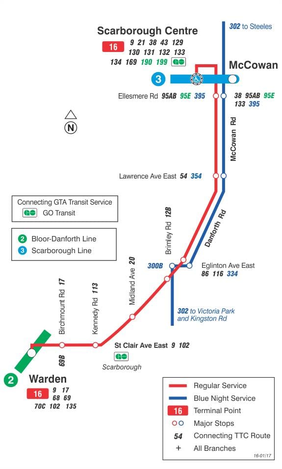 नक्शे के टीटीसी 16 McCowan बस मार्ग टोरंटो