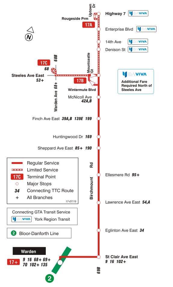 नक्शे के टीटीसी 17 Birchmount बस मार्ग टोरंटो