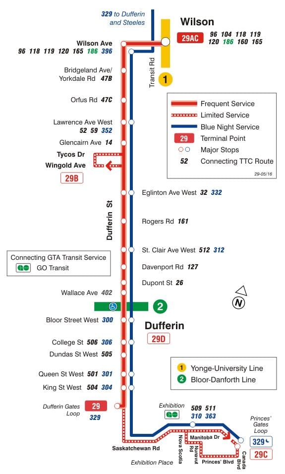 नक्शे के टीटीसी 29 Dufferin बस मार्ग टोरंटो
