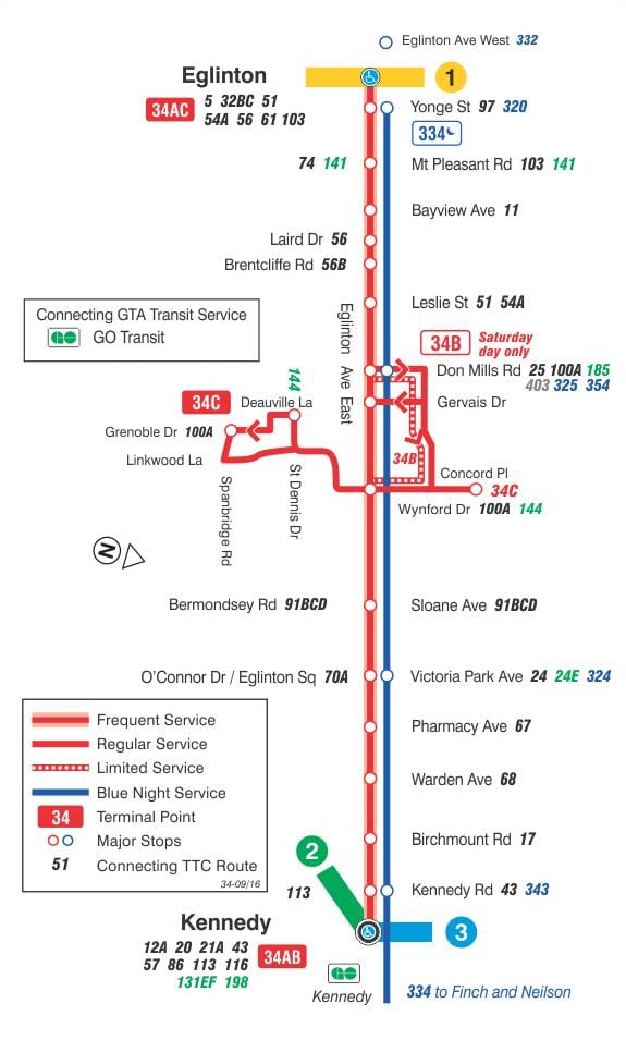 नक्शे के टीटीसी 34 Eglinton पूर्व बस मार्ग टोरंटो