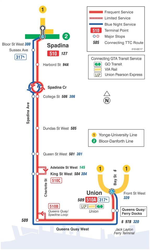 नक्शे के ट्राम लाइन 510 Spadina