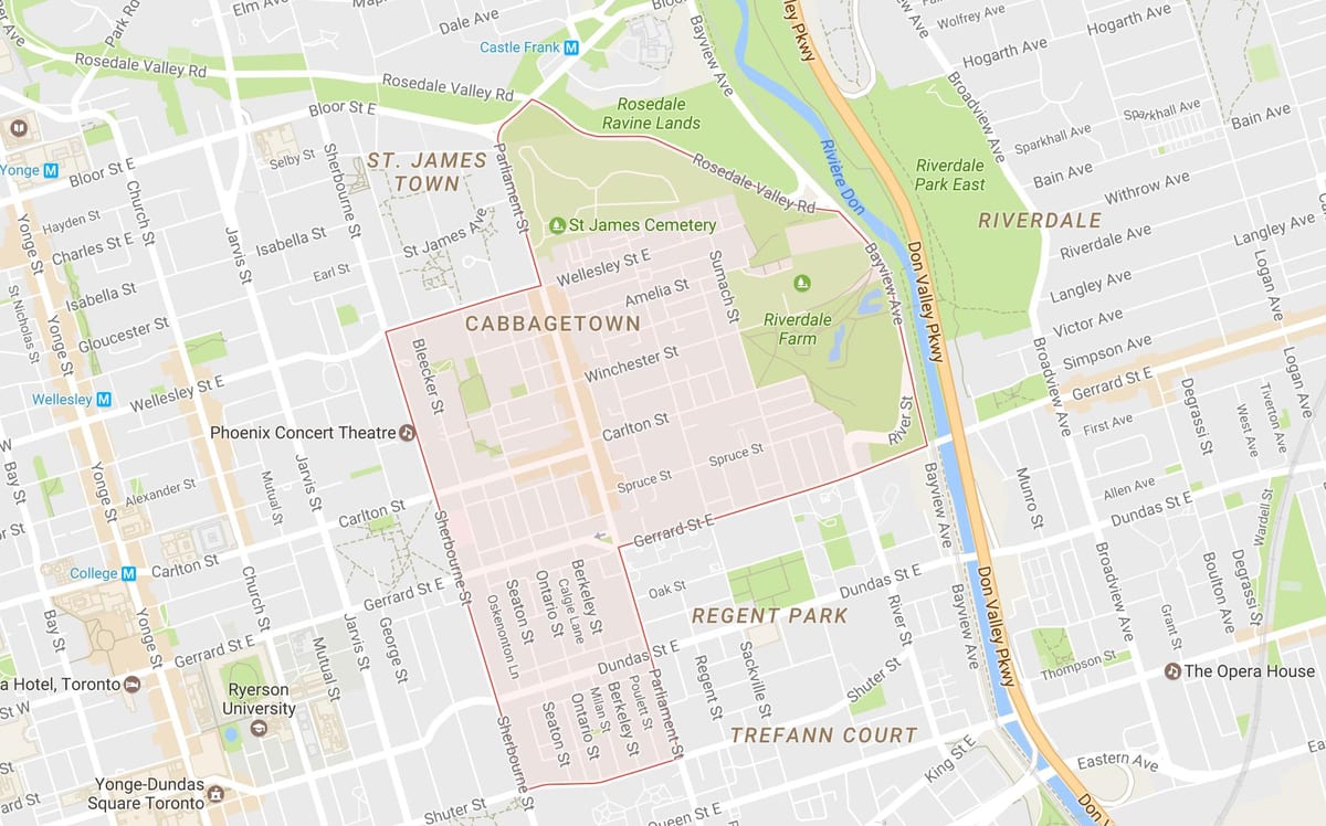 नक्शे के Cabbagetown पड़ोस टोरंटो