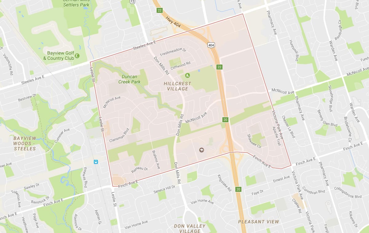 नक्शे के Hillcrest Village पड़ोस टोरंटो