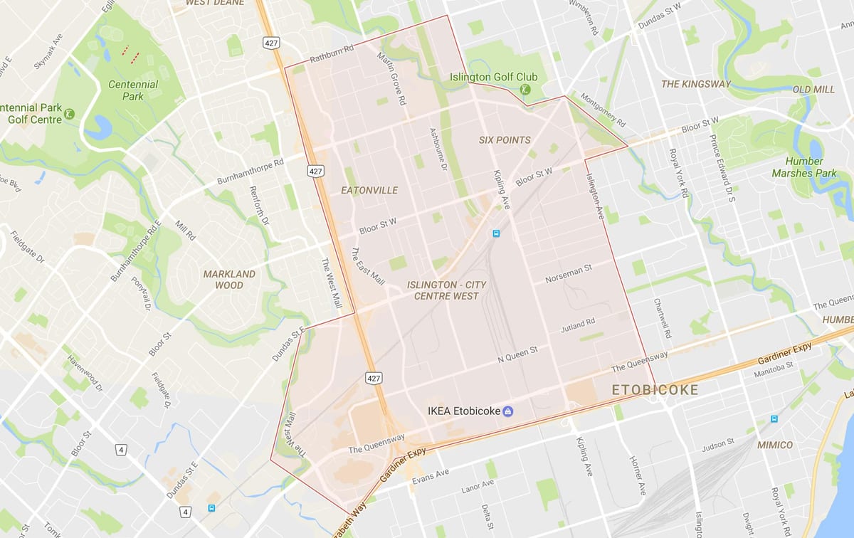 नक्शे के Islington-शहर के केंद्र के पश्चिम टोरंटो पड़ोस