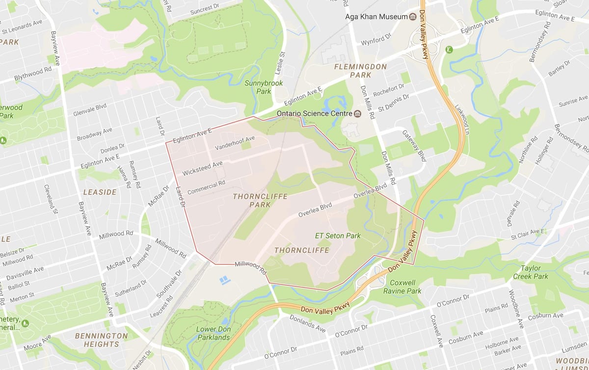 नक्शे के Thorncliffe पार्क का पड़ोस टोरंटो