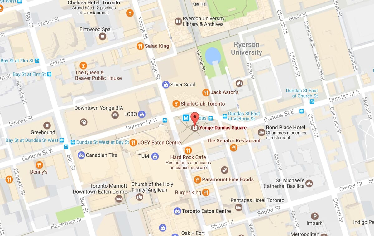नक्शे के Yonge-Dundas स्क्वायर टोरंटो