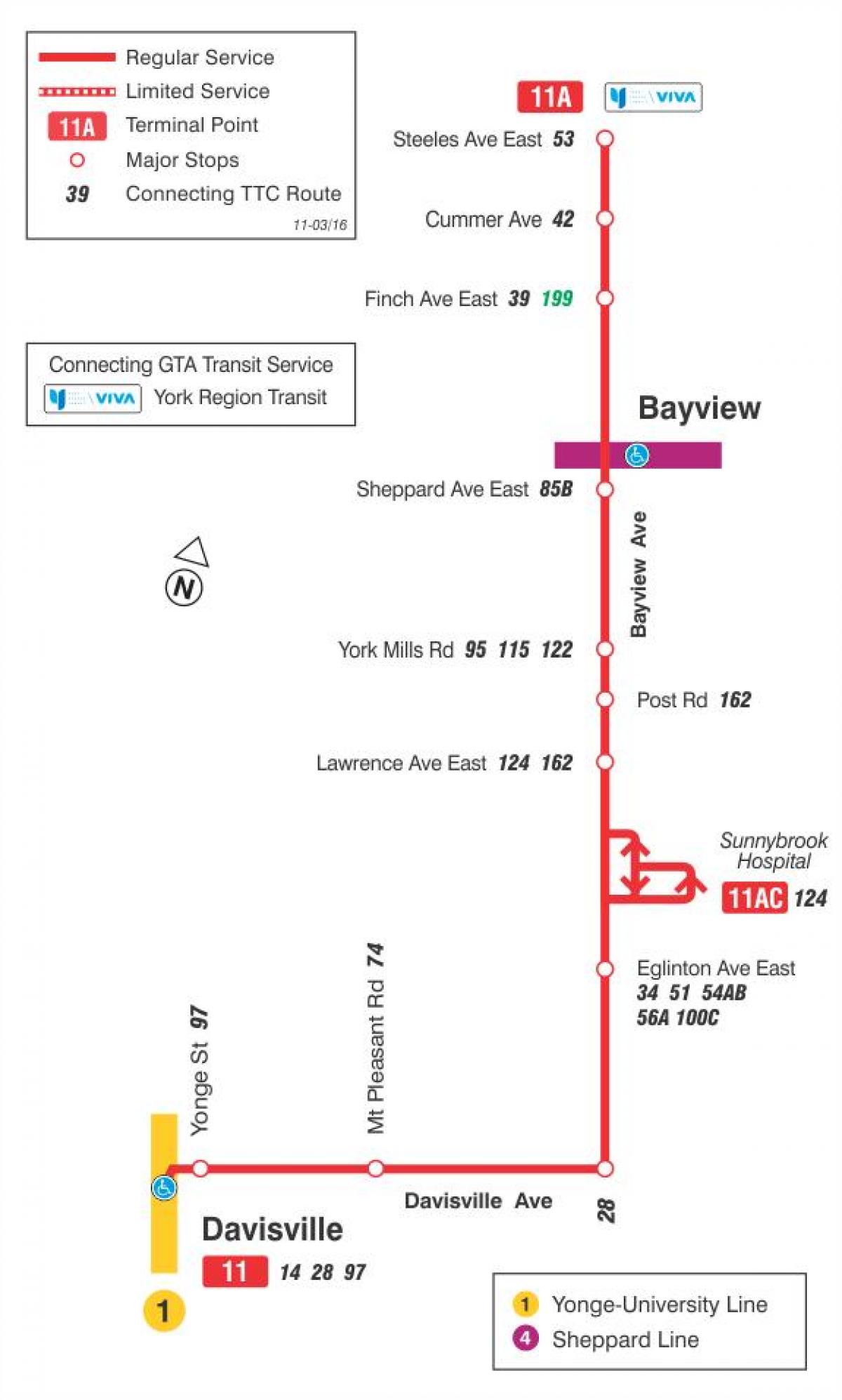 नक्शे के टीटीसी 11 Bayview बस मार्ग टोरंटो
