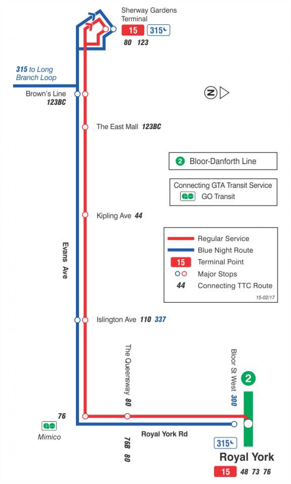 नक्शे के टीटीसी 15 इवांस बस मार्ग टोरंटो