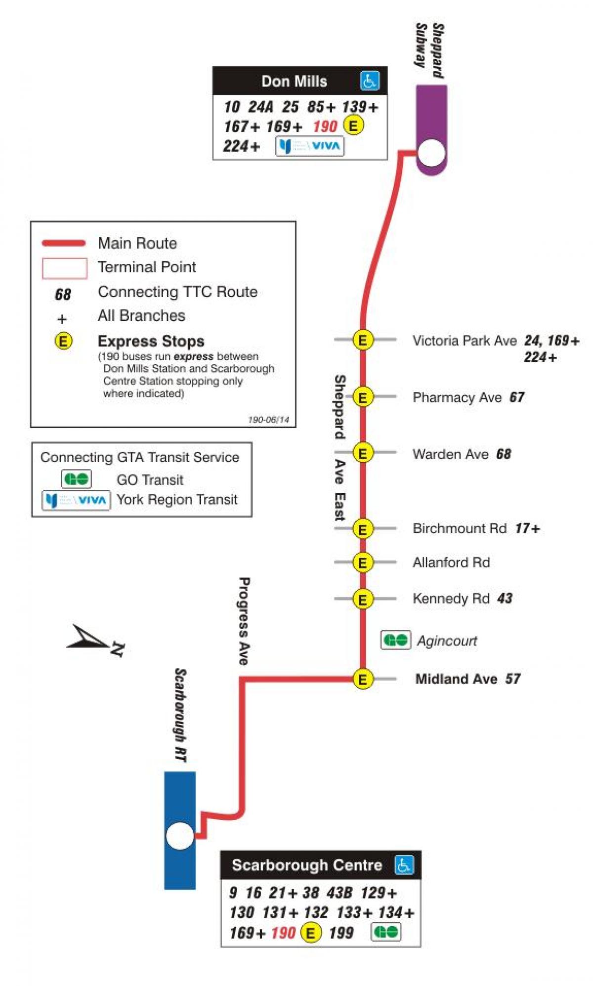 नक्शे के टीटीसी 190 स्कारबोरो केंद्र रॉकेट बस मार्ग टोरंटो