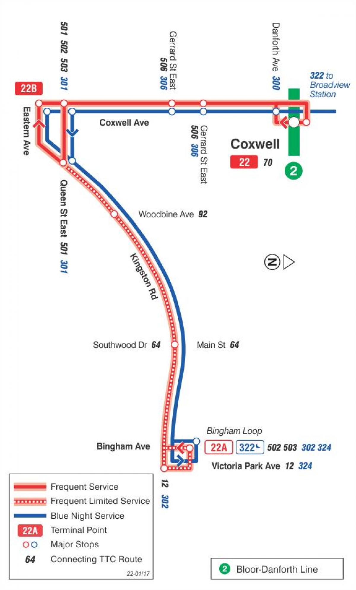 नक्शे के टीटीसी 22 Coxwell बस मार्ग टोरंटो