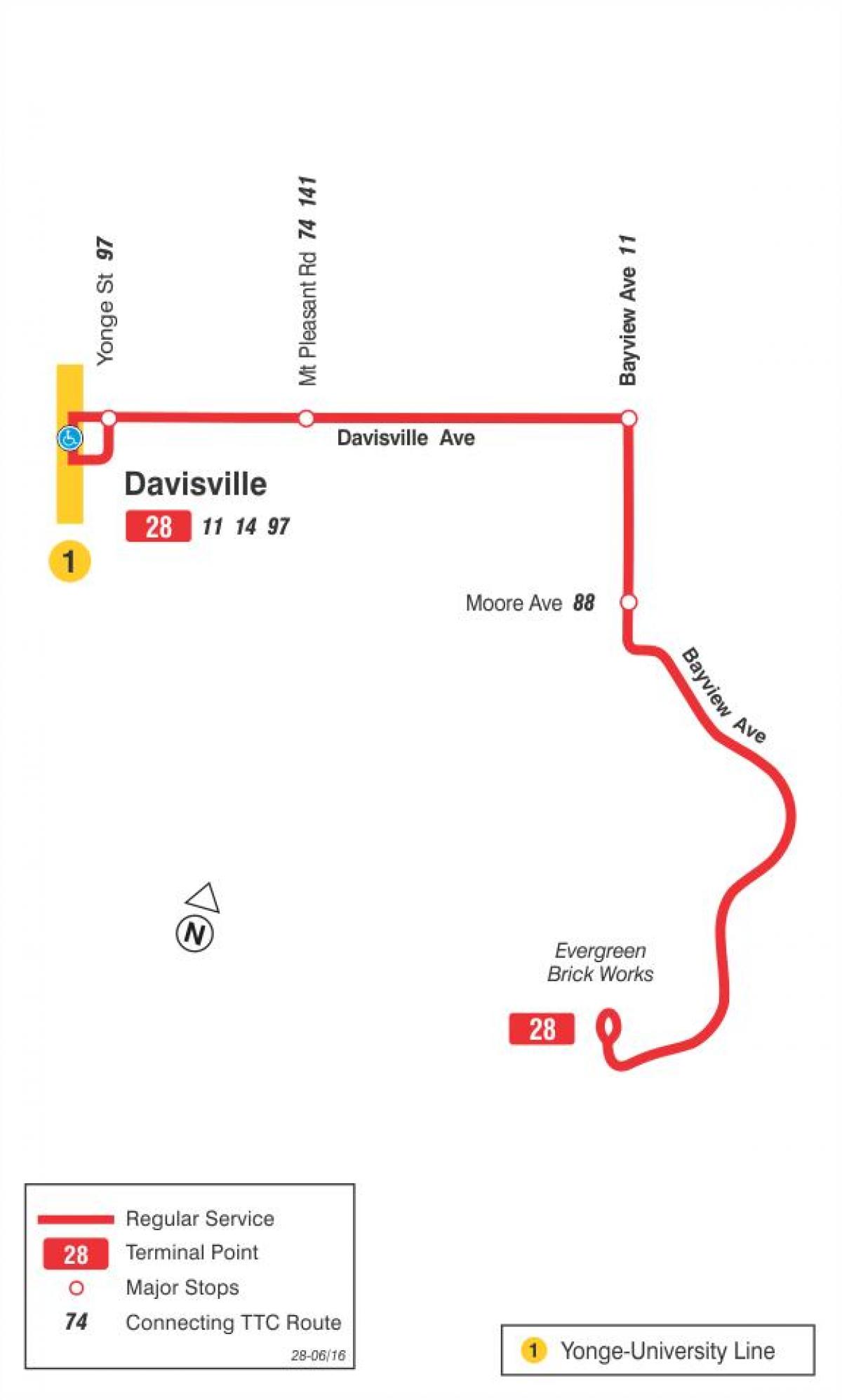 नक्शे के टीटीसी 28 Bayview दक्षिण बस मार्ग टोरंटो