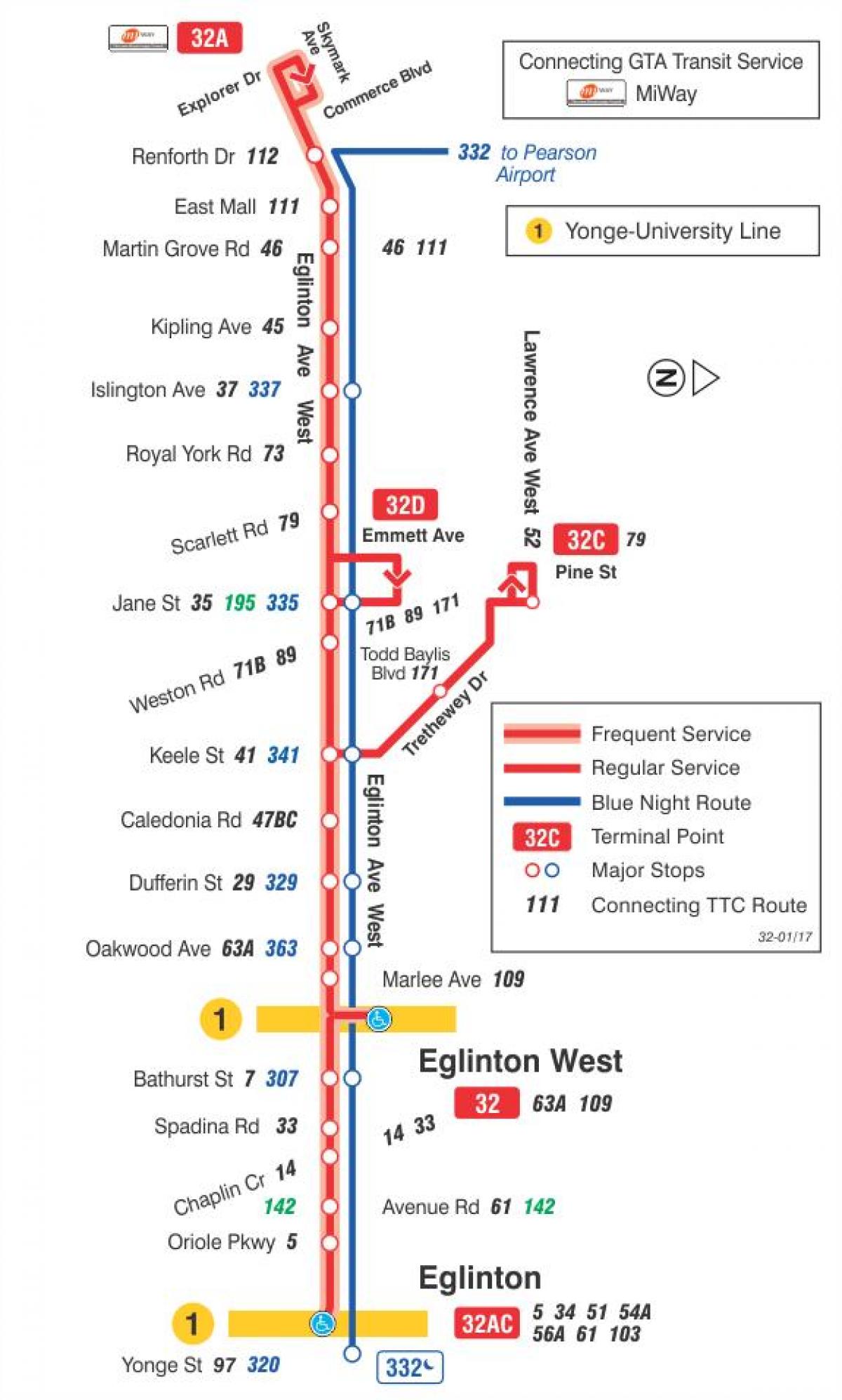 नक्शे के टीटीसी 32 Eglinton पश्चिम बस मार्ग टोरंटो