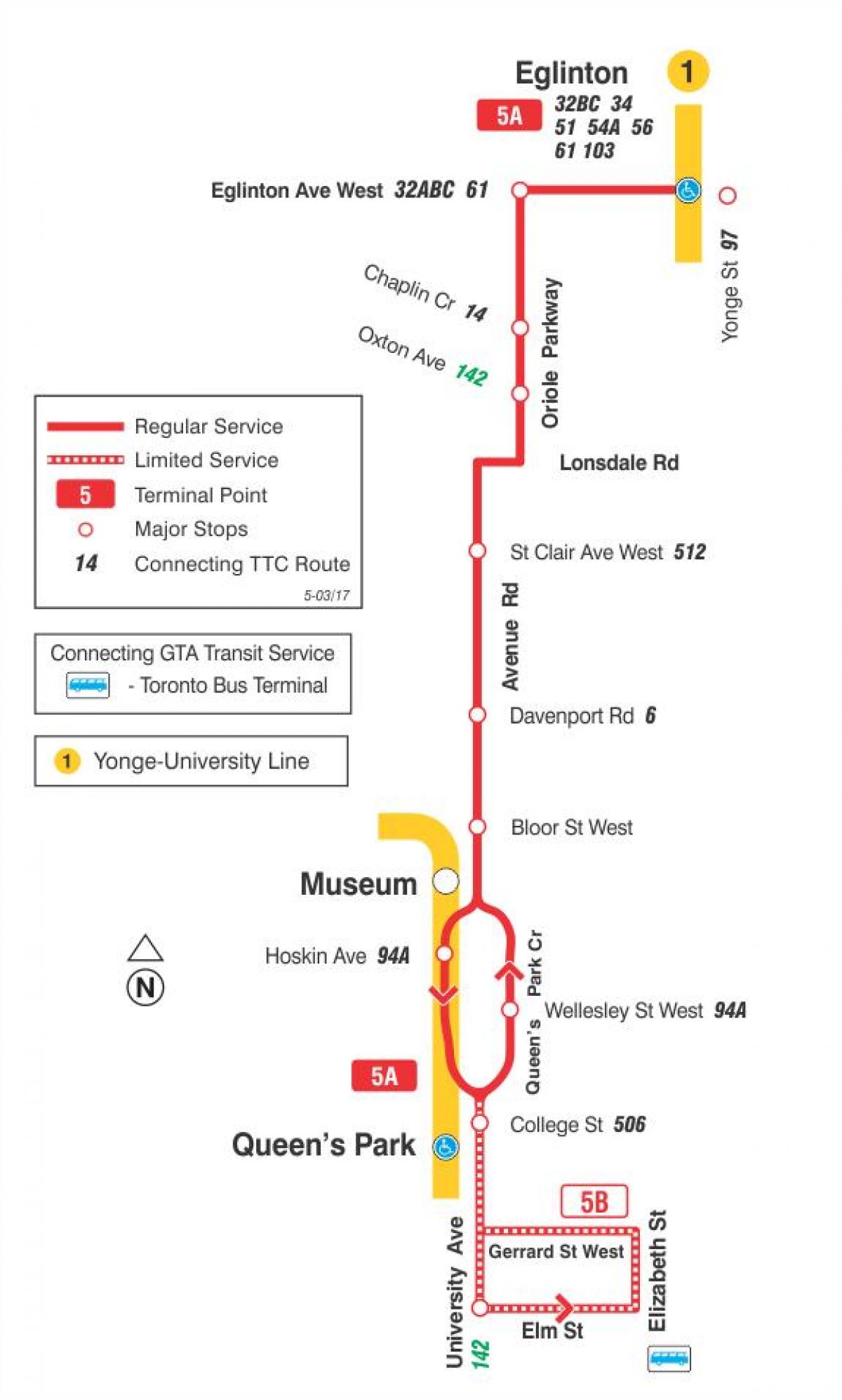नक्शे के टीटीसी 5 एवेन्यू रोड बस मार्ग टोरंटो