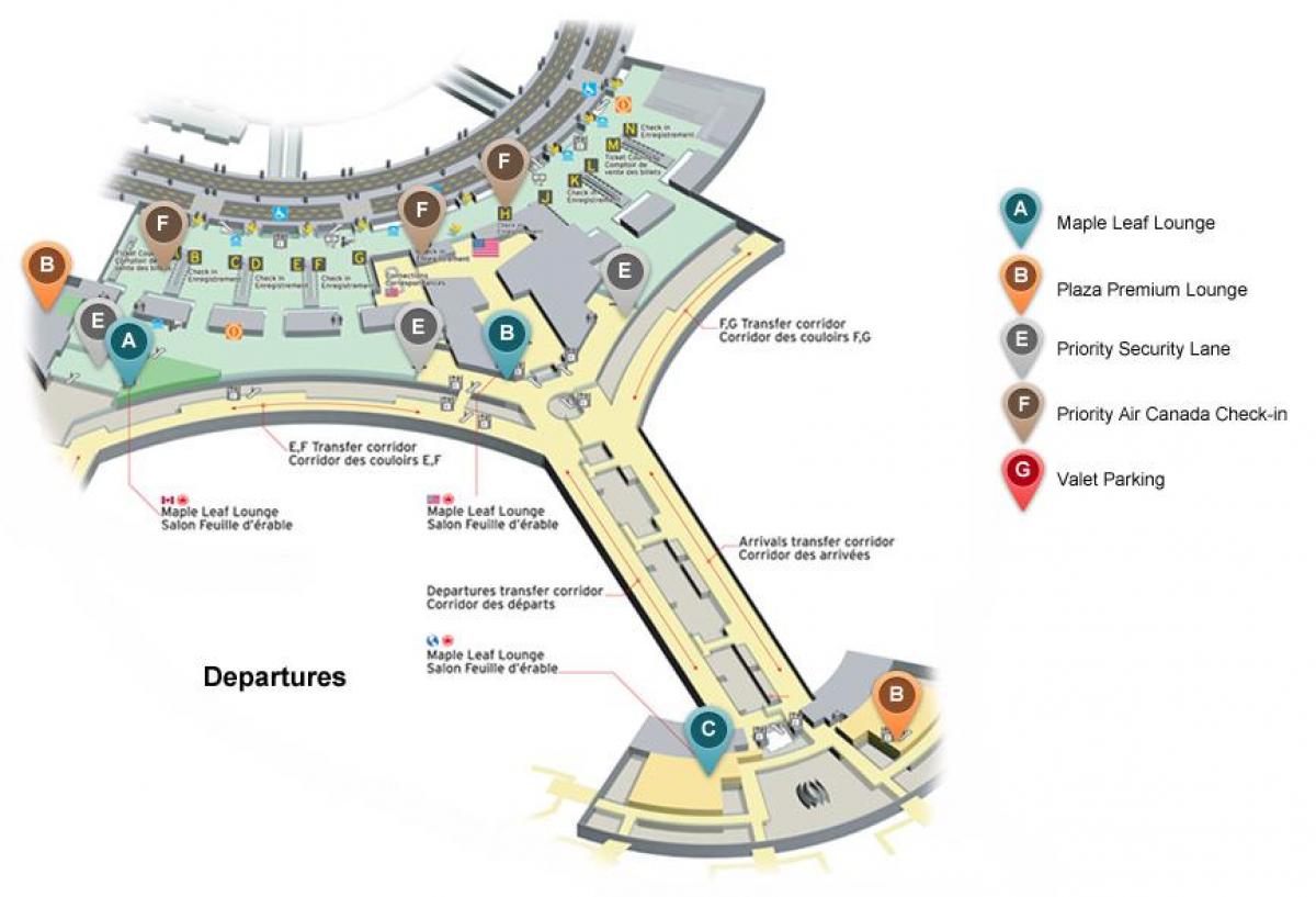 नक्शा टोरंटो के पियर्सन अंतर्राष्ट्रीय हवाई अड्डे के टर्मिनल प्रस्थान