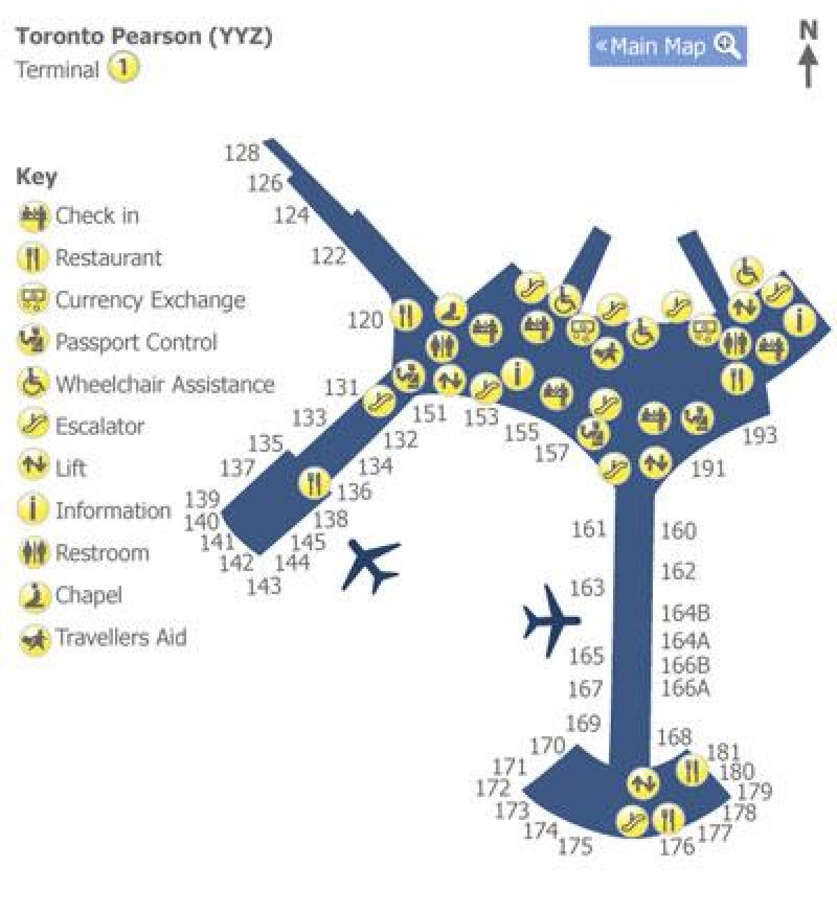 नक्शे के टोरंटो पियर्सन हवाई अड्डे के टर्मिनल 1