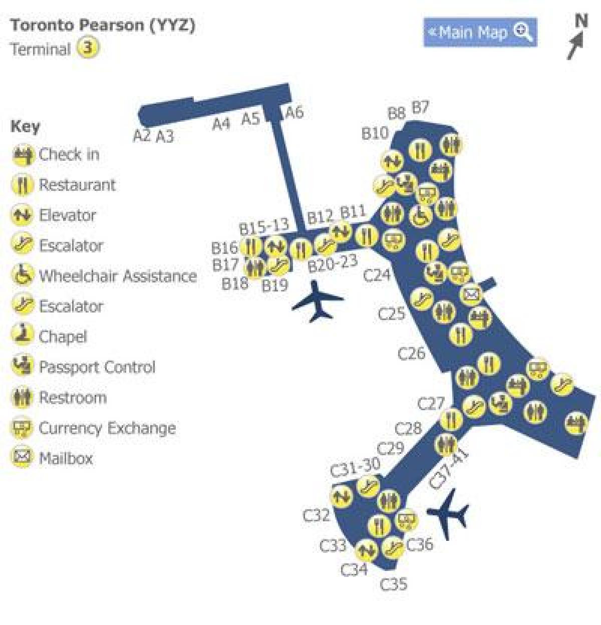 नक्शे के टोरंटो पियर्सन हवाई अड्डे के टर्मिनल 3
