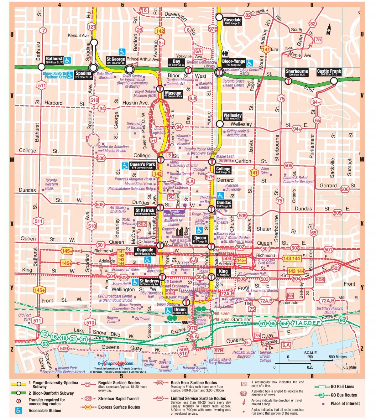 के नक्शे, मेट्रो स्टेशन, शहर टोरंटो