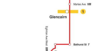 नक्शे के टीटीसी 14 Glencairn बस मार्ग टोरंटो