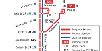 नक्शे के टीटीसी 32 Eglinton पश्चिम बस मार्ग टोरंटो
