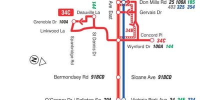 नक्शे के टीटीसी 34 Eglinton पूर्व बस मार्ग टोरंटो
